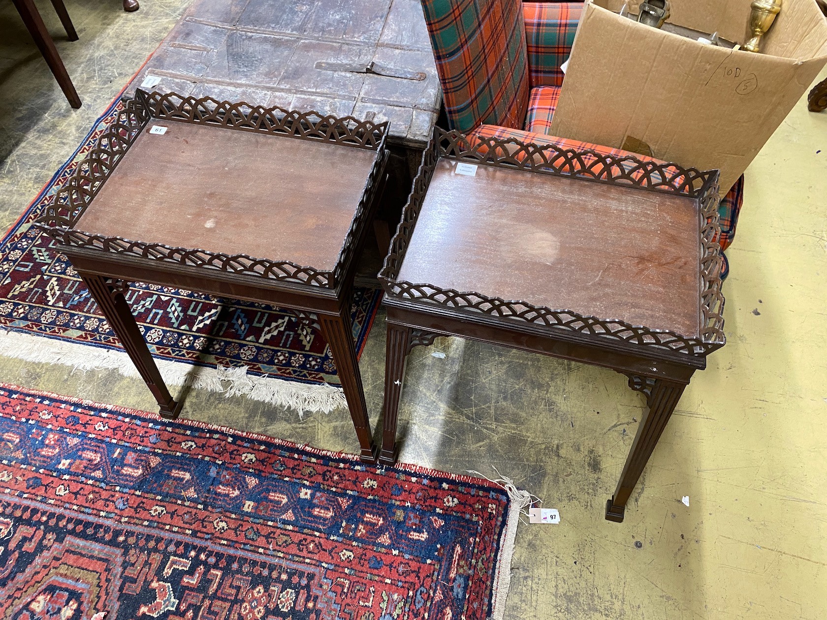 A pair of George III style rectangular mahogany fret cut occasional tables, width 54cm, depth 39cm, height 74cm